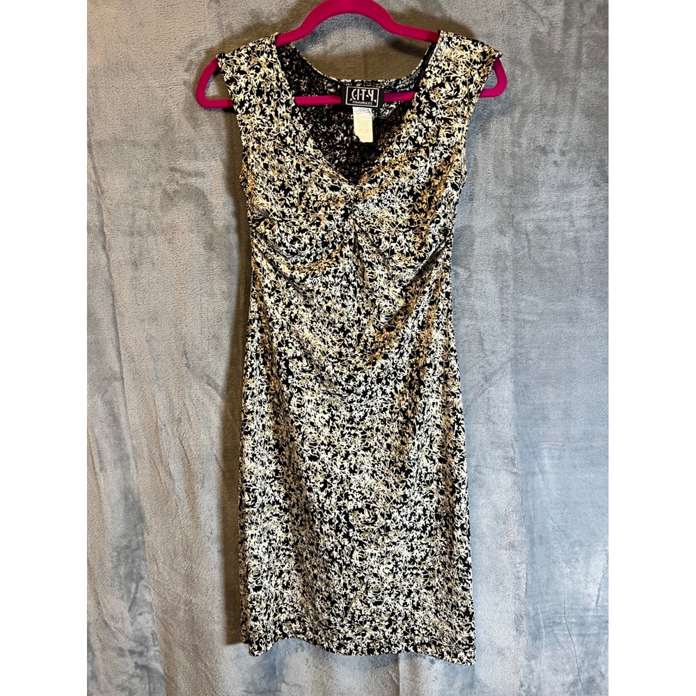 City Triangles S Black Gold Floral Sleeveless Ruched Sheath Dress Vintage Y2K